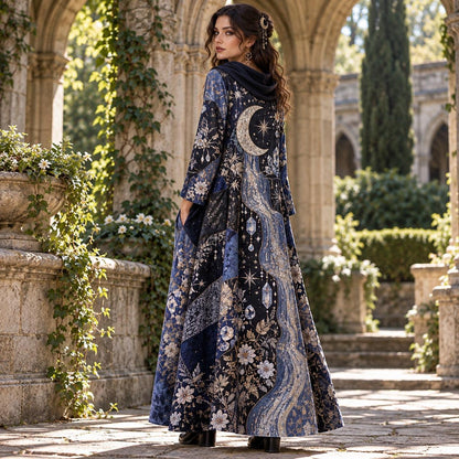 Moonchild Crystal Celestial Cowl Neck Dress – Witchy Moon Maxi – worn, three quarter view