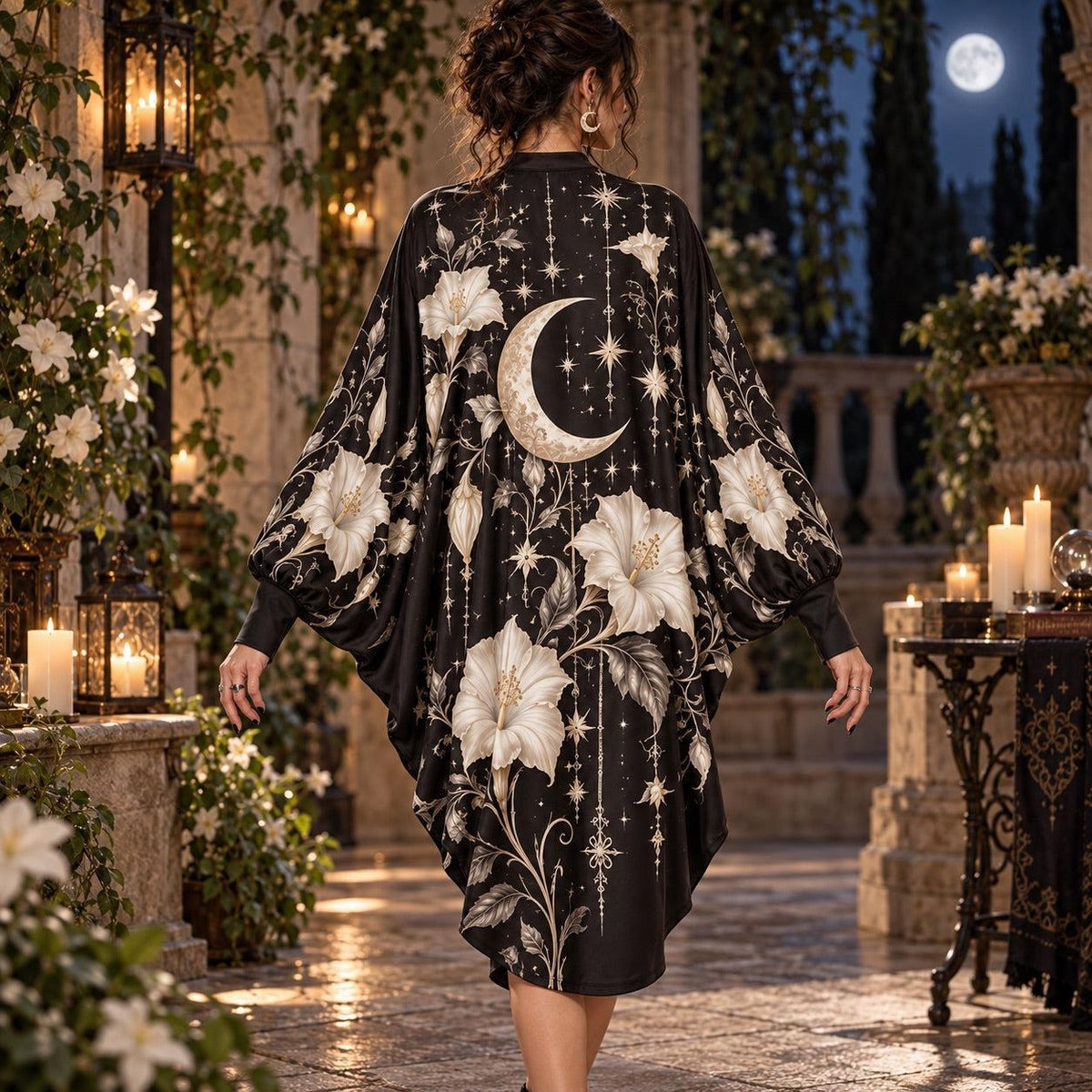 Moonflower Crescent Witchy Batwing Dress – White Witch Moon Midi – worn, back view