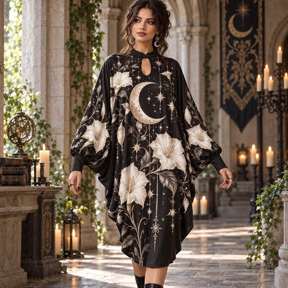 Moonflower Crescent Witchy Batwing Dress – White Witch Moon Midi – worn, in motion