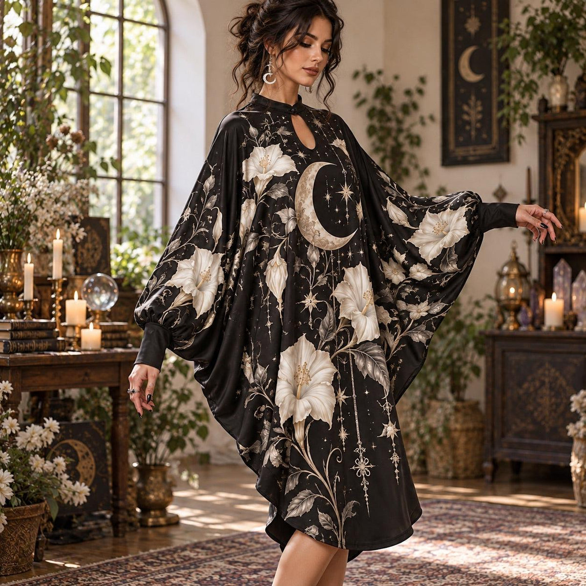 Moonflower Crescent Witchy Batwing Dress – White Witch Moon Midi – worn, three quarter view
