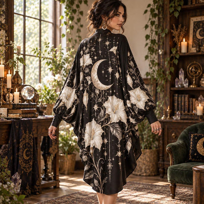 Moonflower Crescent Witchy Batwing Dress – White Witch Moon Midi – worn, three quarter view