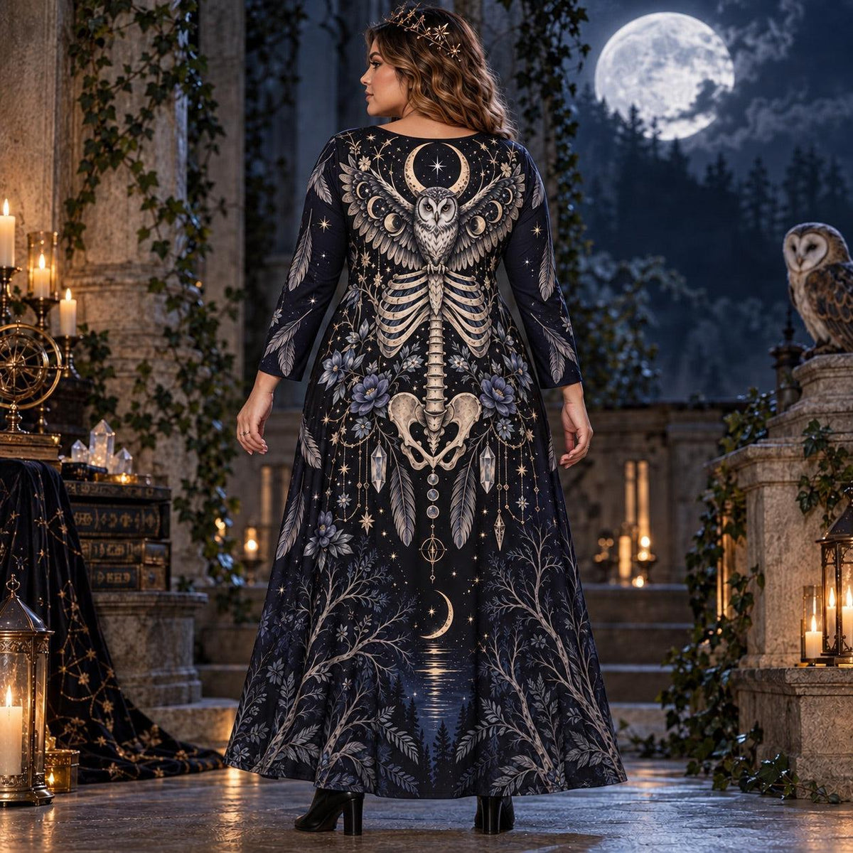 Moonlit Owl Plus Size Witch Dress – Celestial Skeleton Long Sleeve Maxi – worn, back view