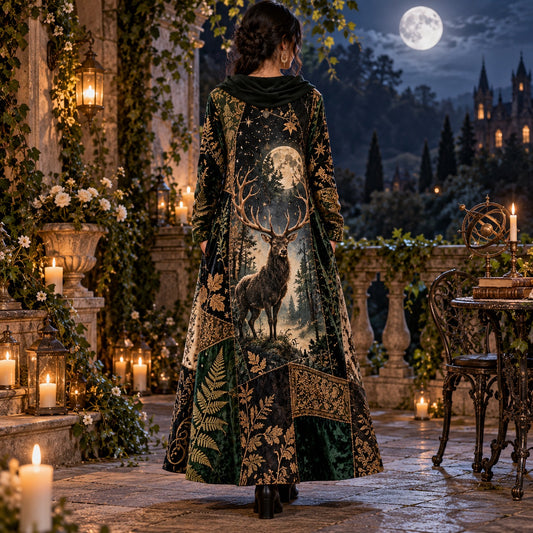 Moonlit Stag Forest Pagan Cowl Neck Dress – Witchy Woodland Maxi – worn, back view