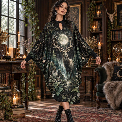 Moonlit Stag Pagan Batwing Dress – Forest Witchy Full Moon Midi – worn, in motion