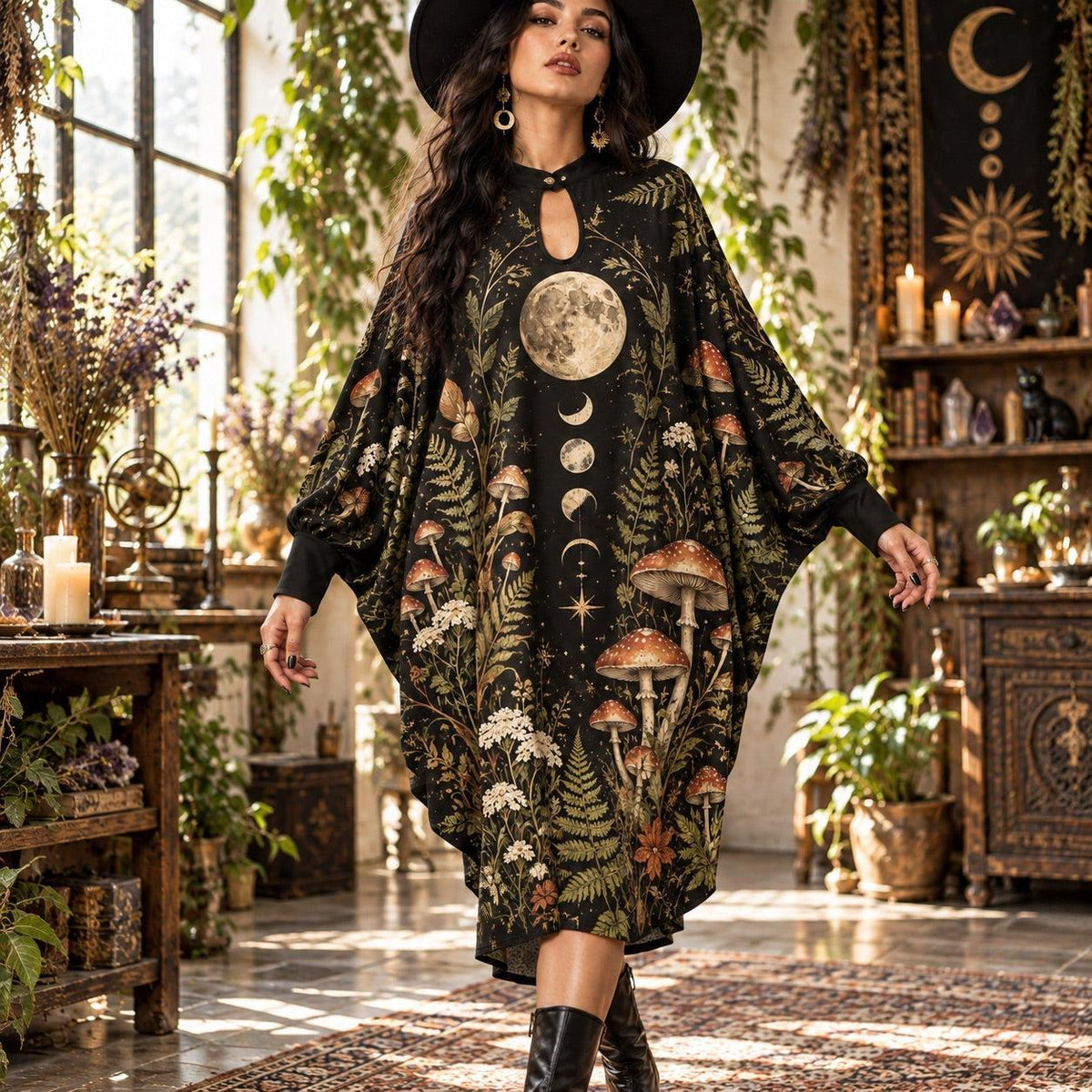 Mushroom Moon Witchy Batwing Dress – Pagan Botanical Fern Midi – worn, in motion