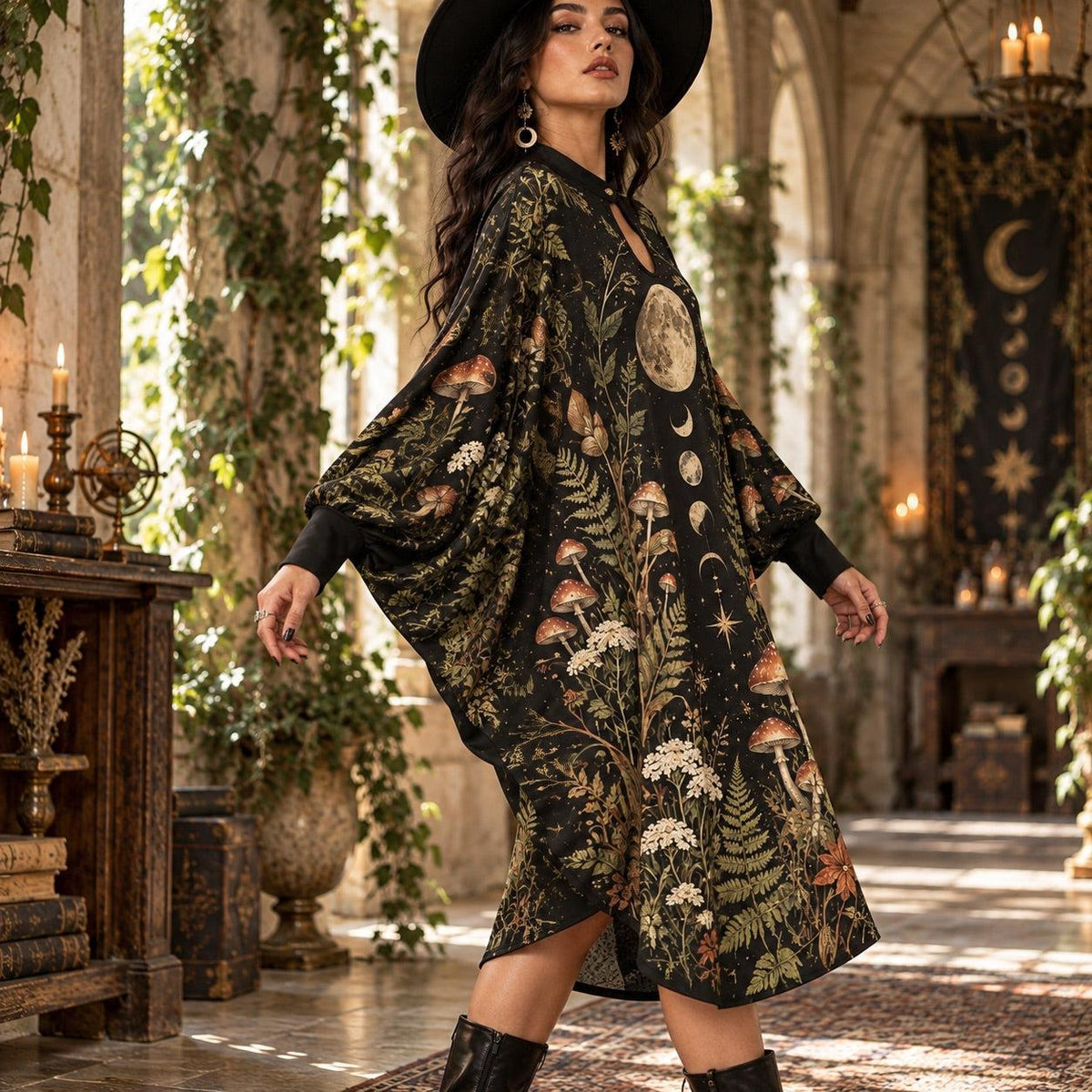 Mushroom Moon Witchy Batwing Dress – Pagan Botanical Fern Midi – worn, three quarter view