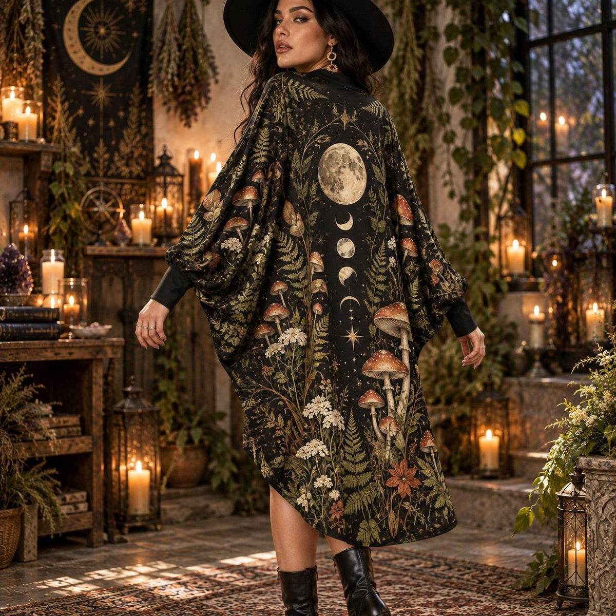 Mushroom Moon Witchy Batwing Dress – Pagan Botanical Fern Midi – worn, back view