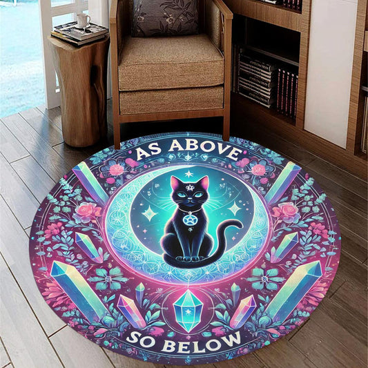 Wicca Black Cat Round Rug Witchy Cat Carpet for Wiccan Home Decor