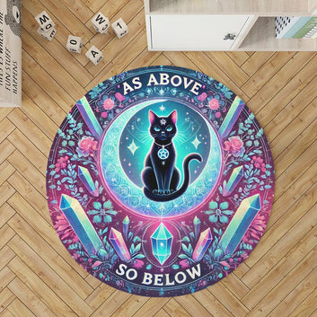 Wicca Black Cat Round Rug Witchy Cat Carpet for Wiccan Home Decor