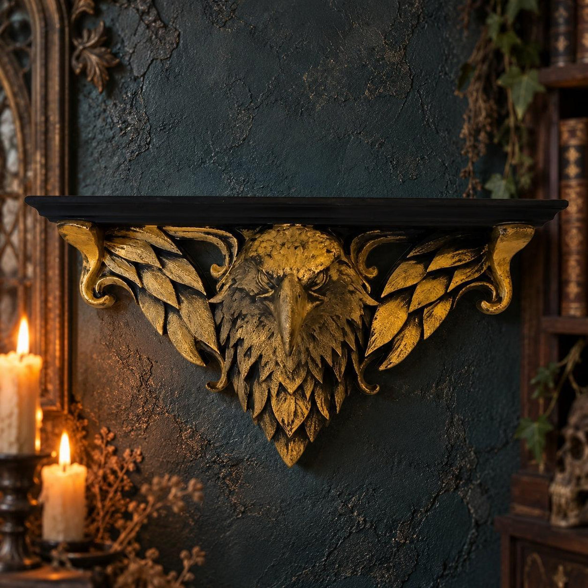 Ornate Eagle Head Wall Shelf in a realistic gothic room, front view with gold relief details and natural shadows.