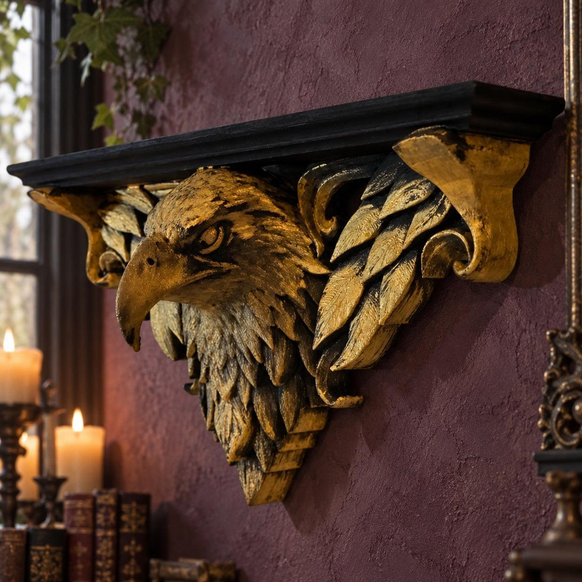 Ornate Eagle Head Wall Shelf in a realistic gothic room, angled view with gold relief details and natural shadows.