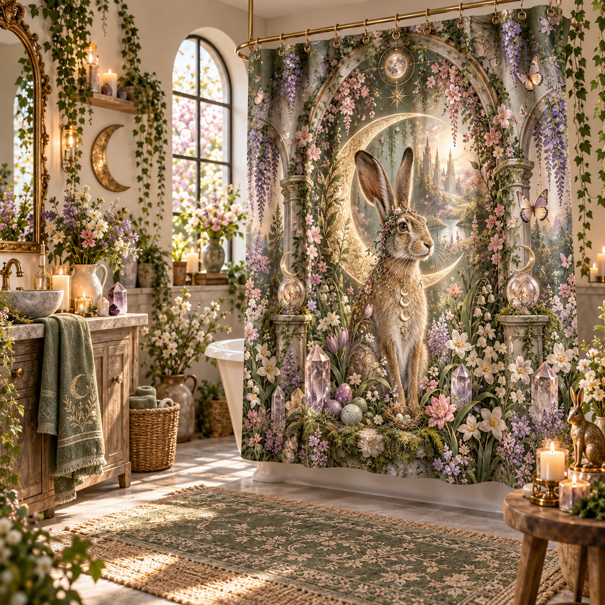 Ostara Shower Curtain - Moon Hare Pagan Spring Bathroom Decor, styled shot 2
