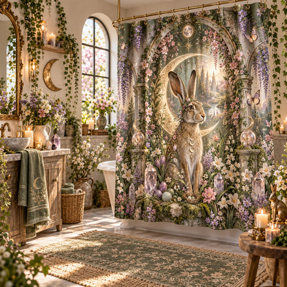 Ostara Shower Curtain - Moon Hare Pagan Spring Bathroom Decor, styled shot 2