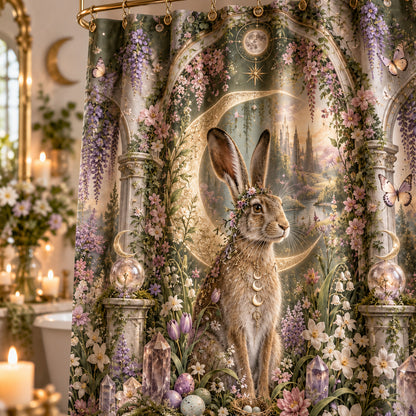 Ostara Shower Curtain - Moon Hare Pagan Spring Bathroom Decor, styled shot 4