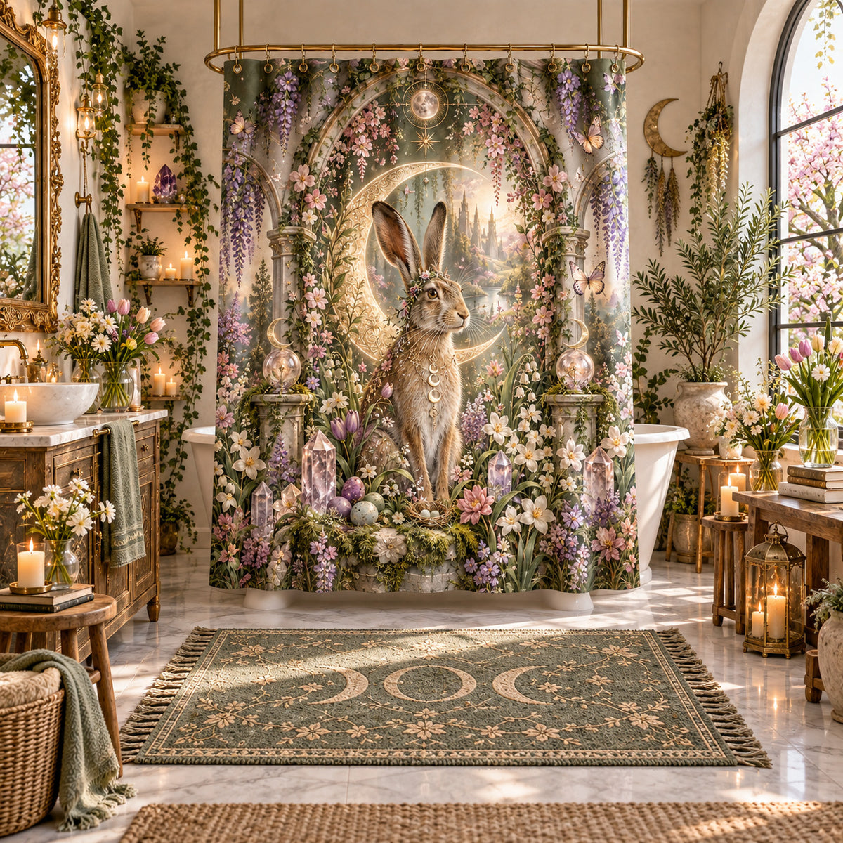 Ostara Shower Curtain - Moon Hare Pagan Spring Bathroom Decor, styled shot 5