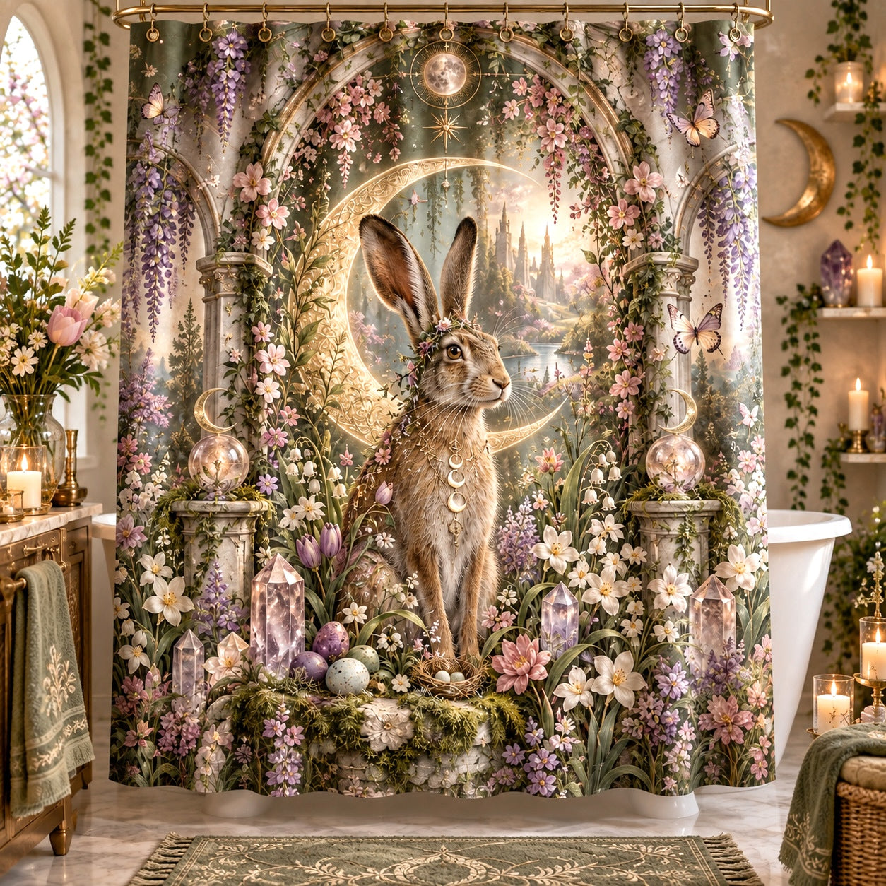 Ostara Shower Curtain - Moon Hare Pagan Spring Bathroom Decor