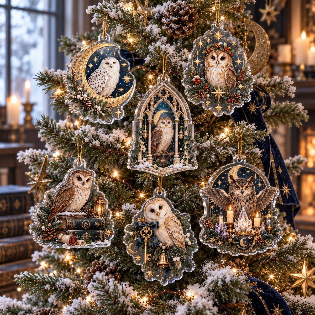 Owl Familiar Witchy Acrylic Ornament Set – Moon Yule Christmas Decor – set of 6, another view