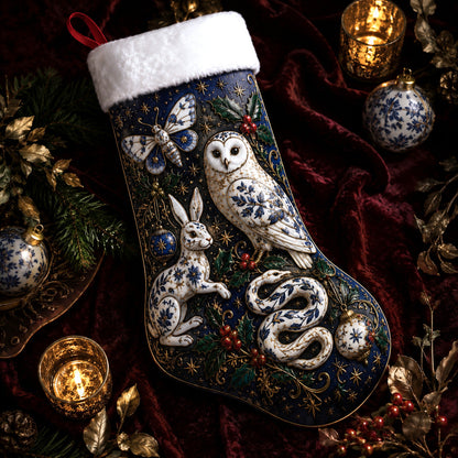 Owl Hare And Snake Christmas Stocking Blue Willow Folk Decor