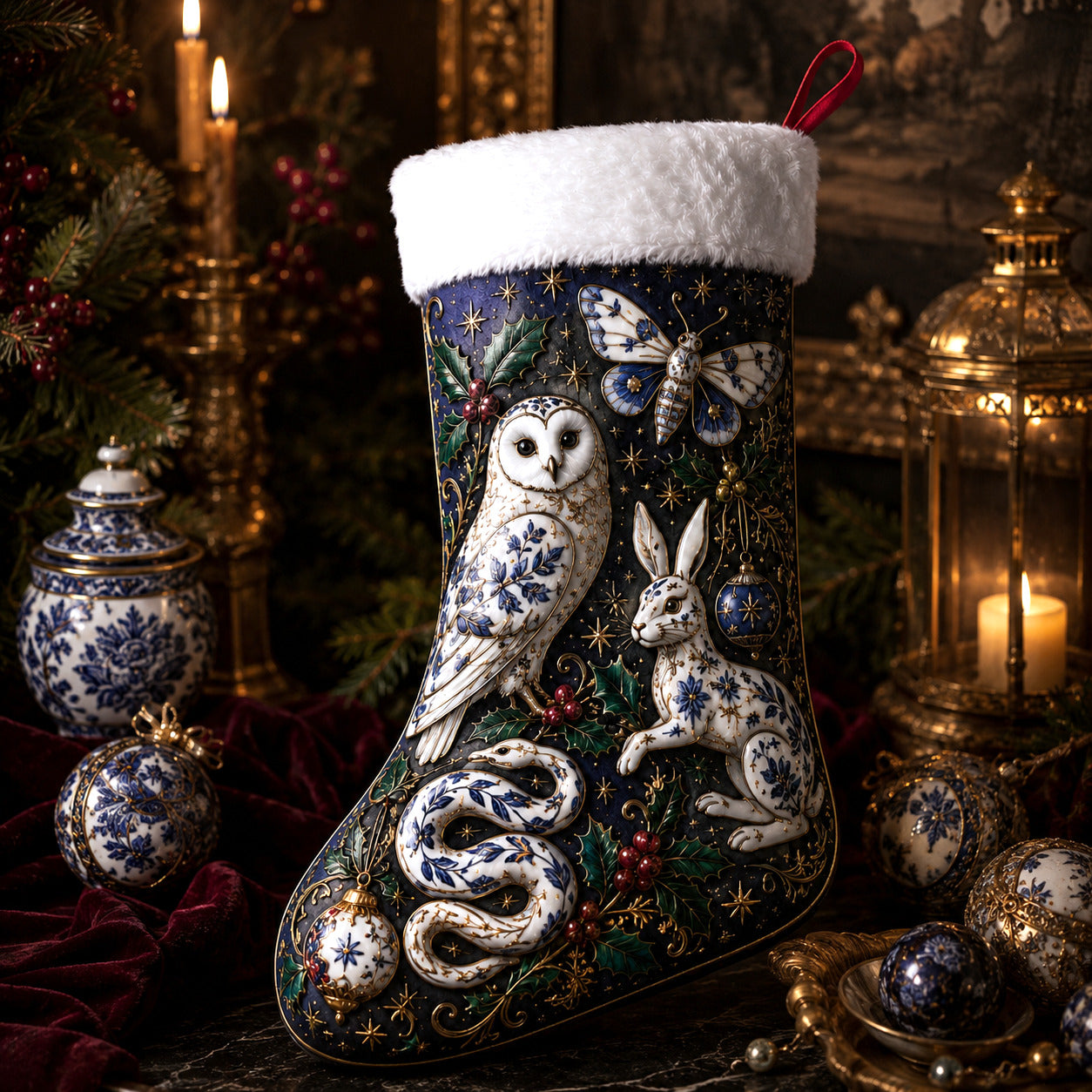 Owl Hare And Snake Christmas Stocking Blue Willow Folk Decor, styled shot 2