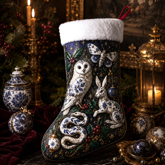 Owl Hare And Snake Christmas Stocking Blue Willow Folk Decor, styled shot 2