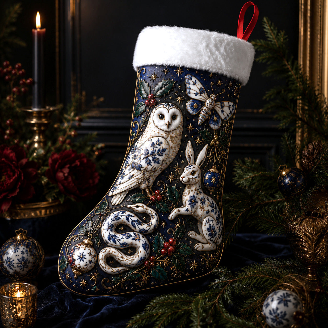 Owl Hare And Snake Christmas Stocking Blue Willow Folk Decor, styled shot 3