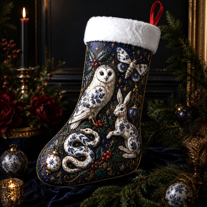 Owl Hare And Snake Christmas Stocking Blue Willow Folk Decor, styled shot 3