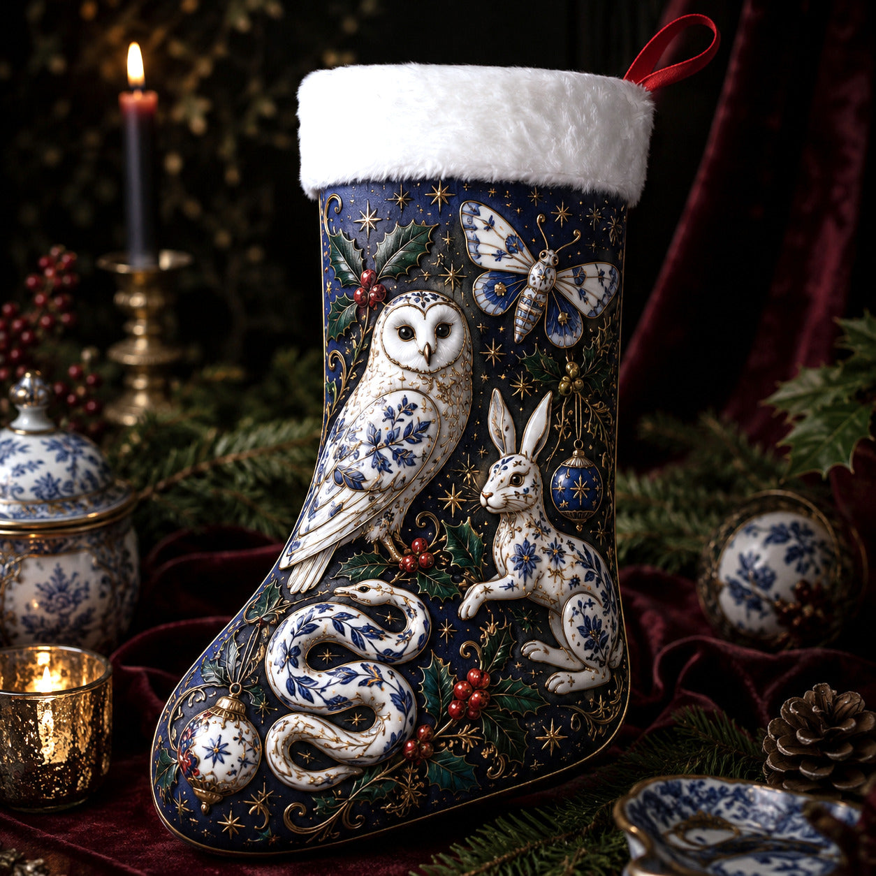 Owl Hare And Snake Christmas Stocking Blue Willow Folk Decor, styled shot 4