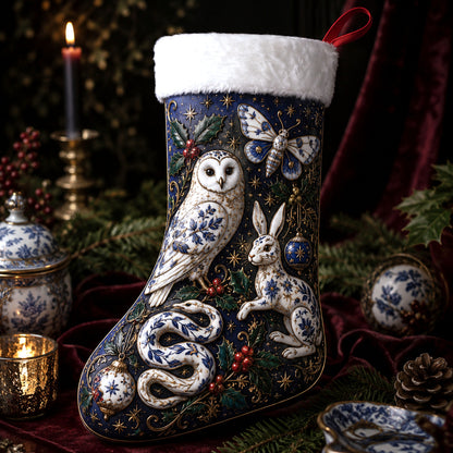 Owl Hare And Snake Christmas Stocking Blue Willow Folk Decor, styled shot 4
