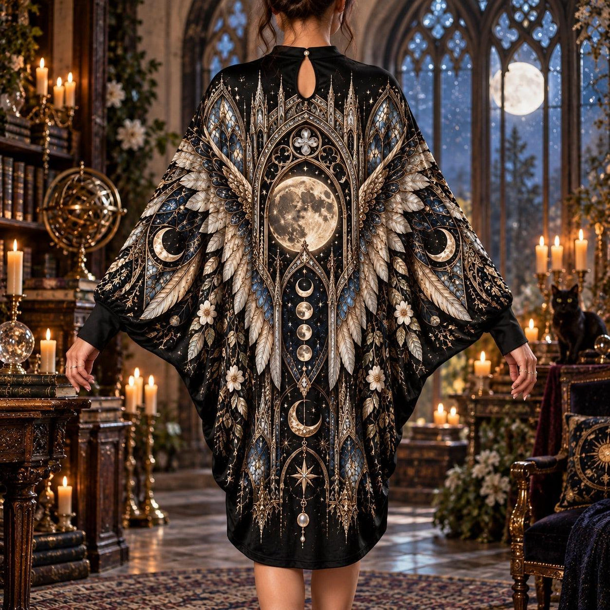 Owl Moon Cathedral Gothic Batwing Dress – Witchy Moon Phase Midi – worn, back view