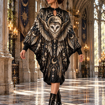 Owl Moon Cathedral Gothic Batwing Dress – Witchy Moon Phase Midi – worn, in motion
