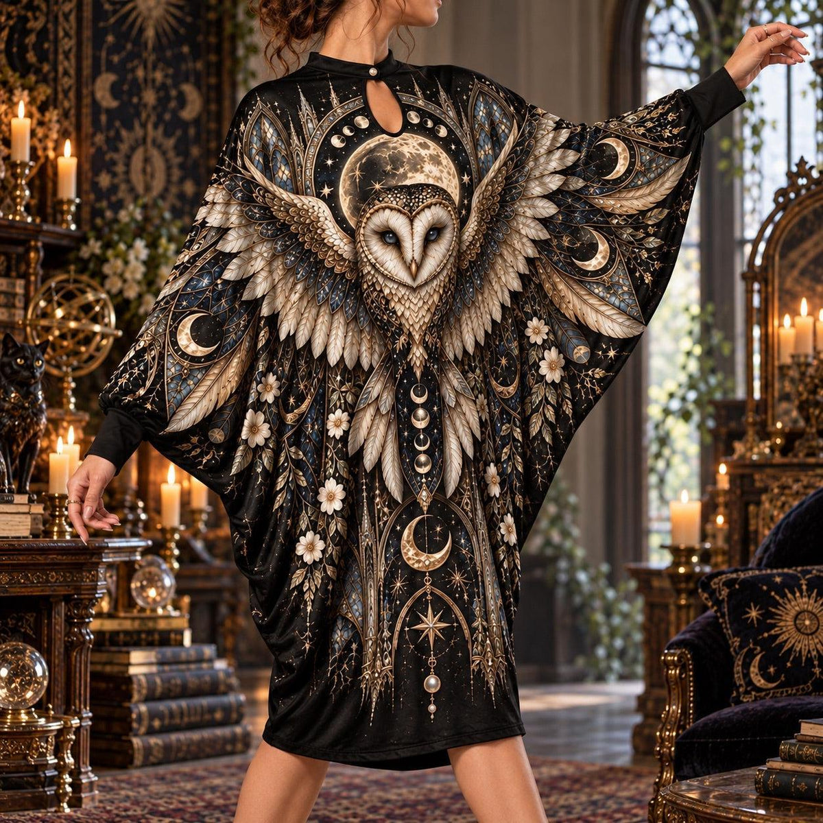 Owl Moon Cathedral Gothic Batwing Dress – Witchy Moon Phase Midi – worn, three quarter view