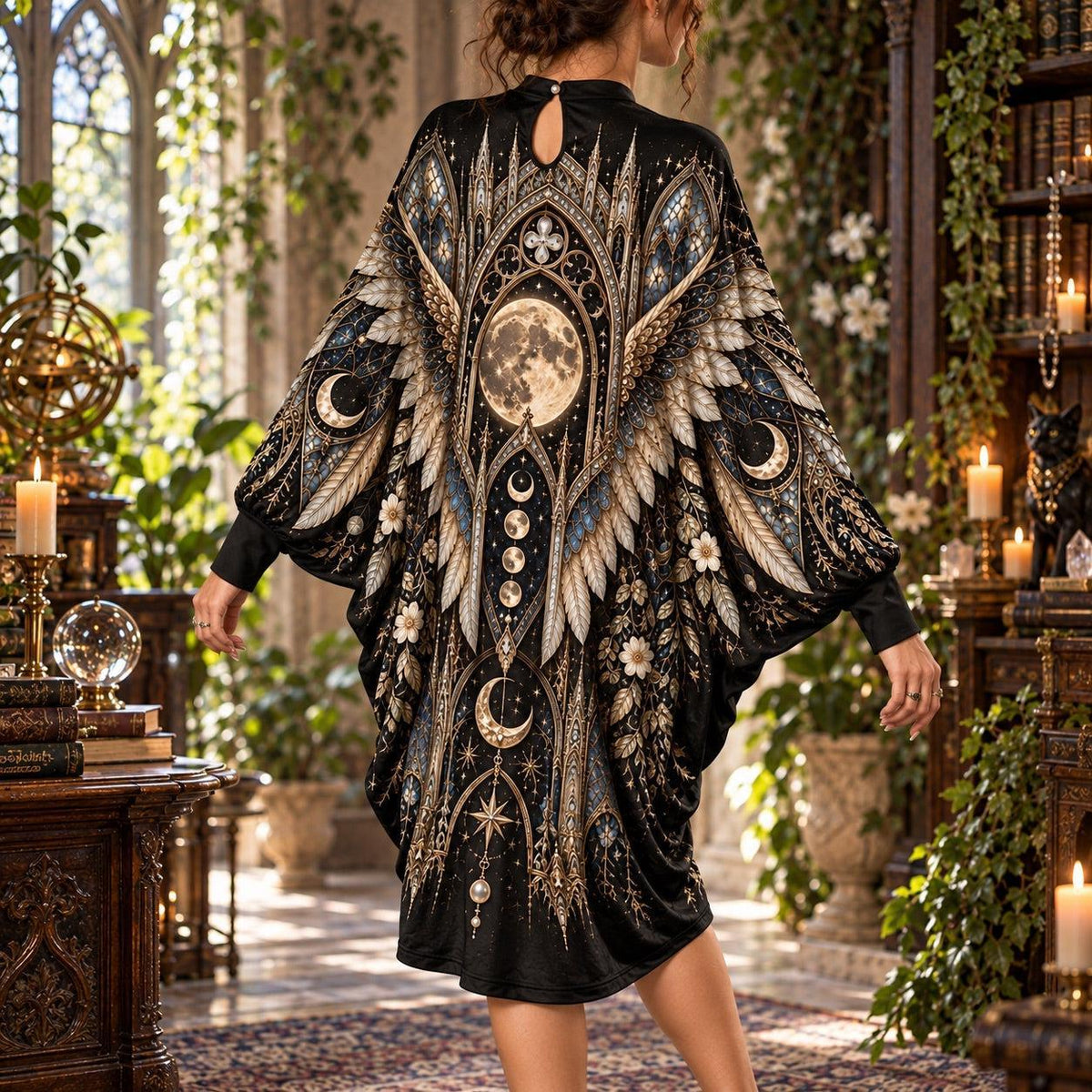 Owl Moon Cathedral Gothic Batwing Dress – Witchy Moon Phase Midi – worn, back view