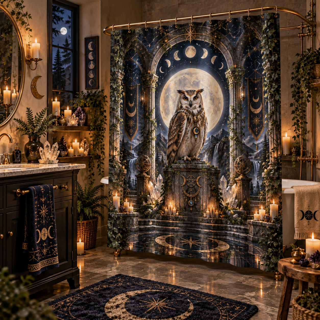 Owl Shower Curtain - Moon Temple Pagan Witchy Altar Decor, styled shot 2