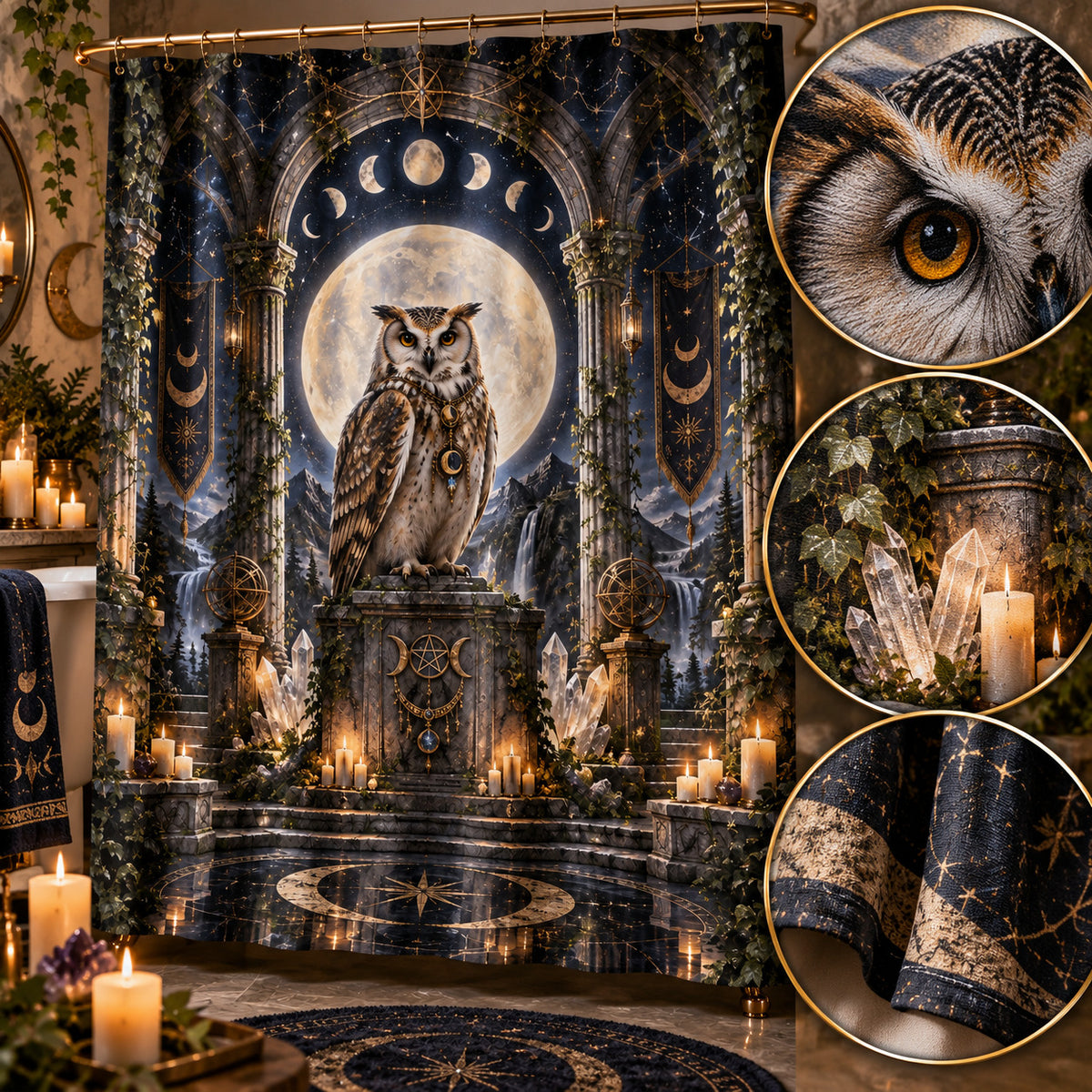 Owl Shower Curtain - Moon Temple Pagan Witchy Altar Decor, styled shot 4