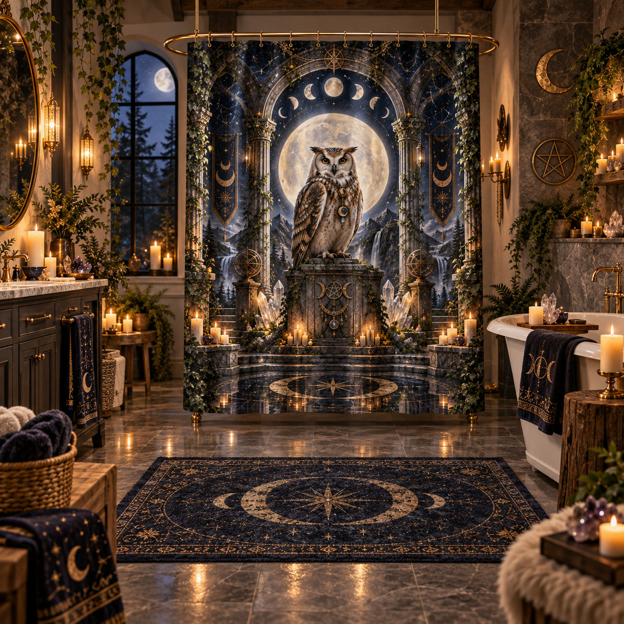 Owl Shower Curtain - Moon Temple Pagan Witchy Altar Decor, styled shot 5