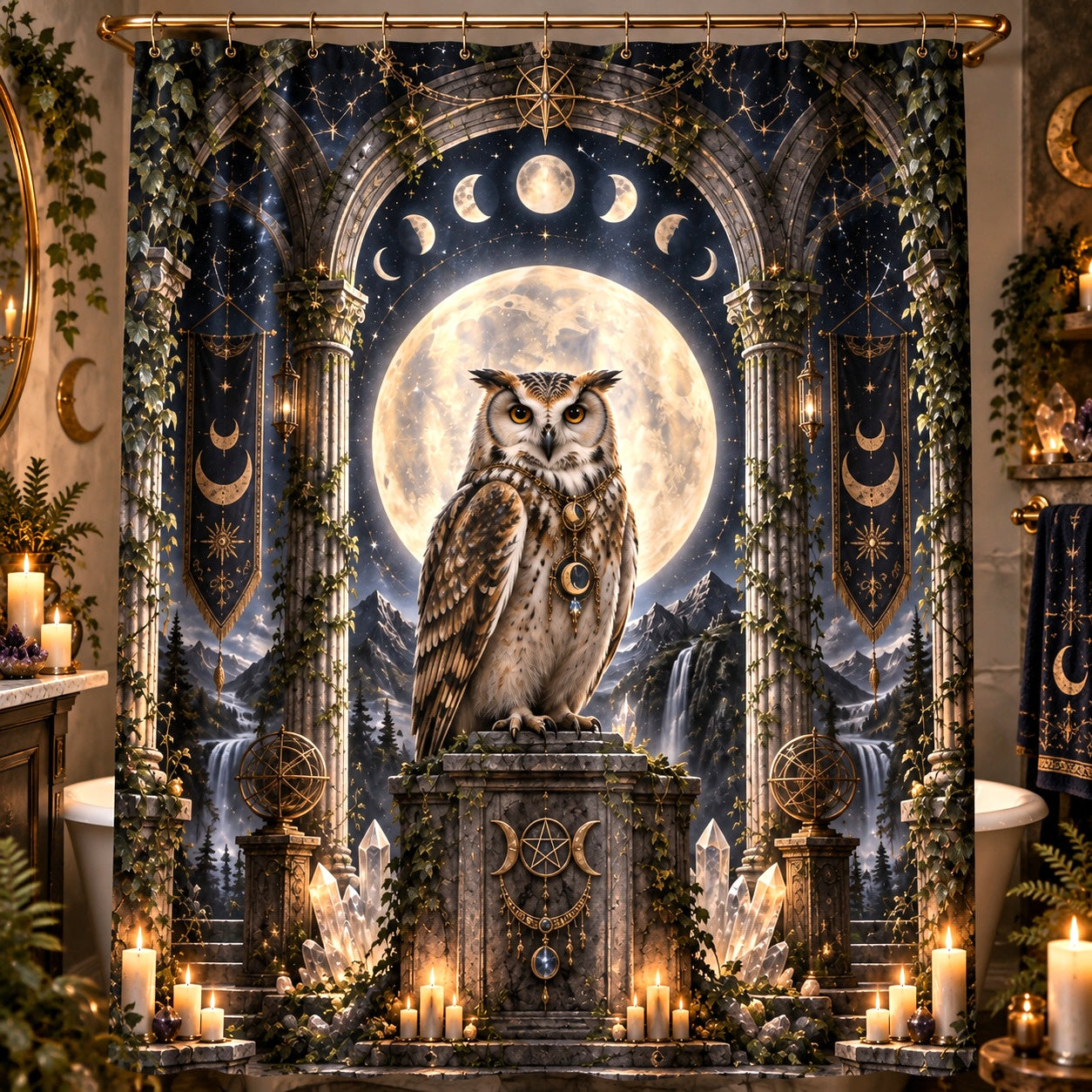 Owl Shower Curtain - Moon Temple Pagan Witchy Altar Decor