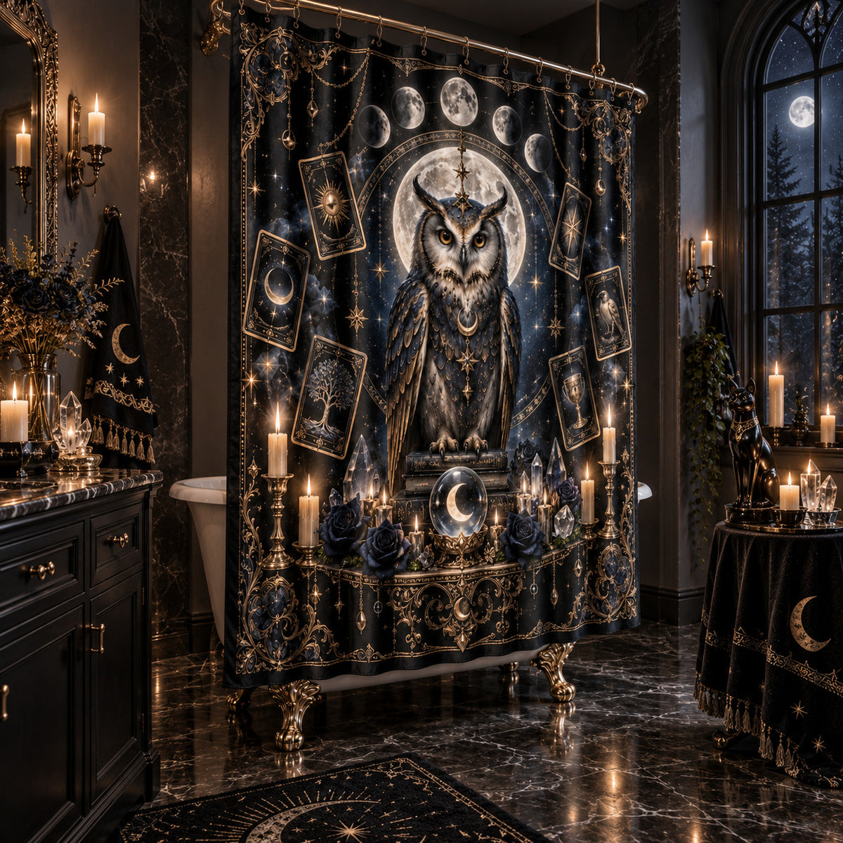 Owl Tarot Shower Curtain - Celestial Moon Witchy Decor, styled shot 2
