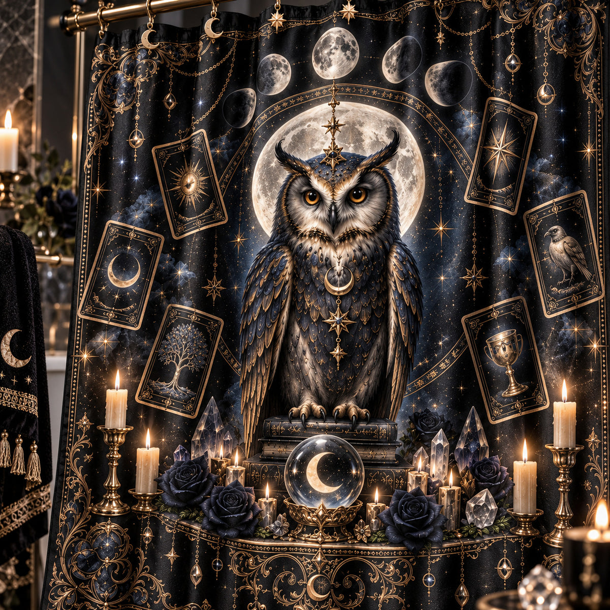 Owl Tarot Shower Curtain - Celestial Moon Witchy Decor, styled shot 4