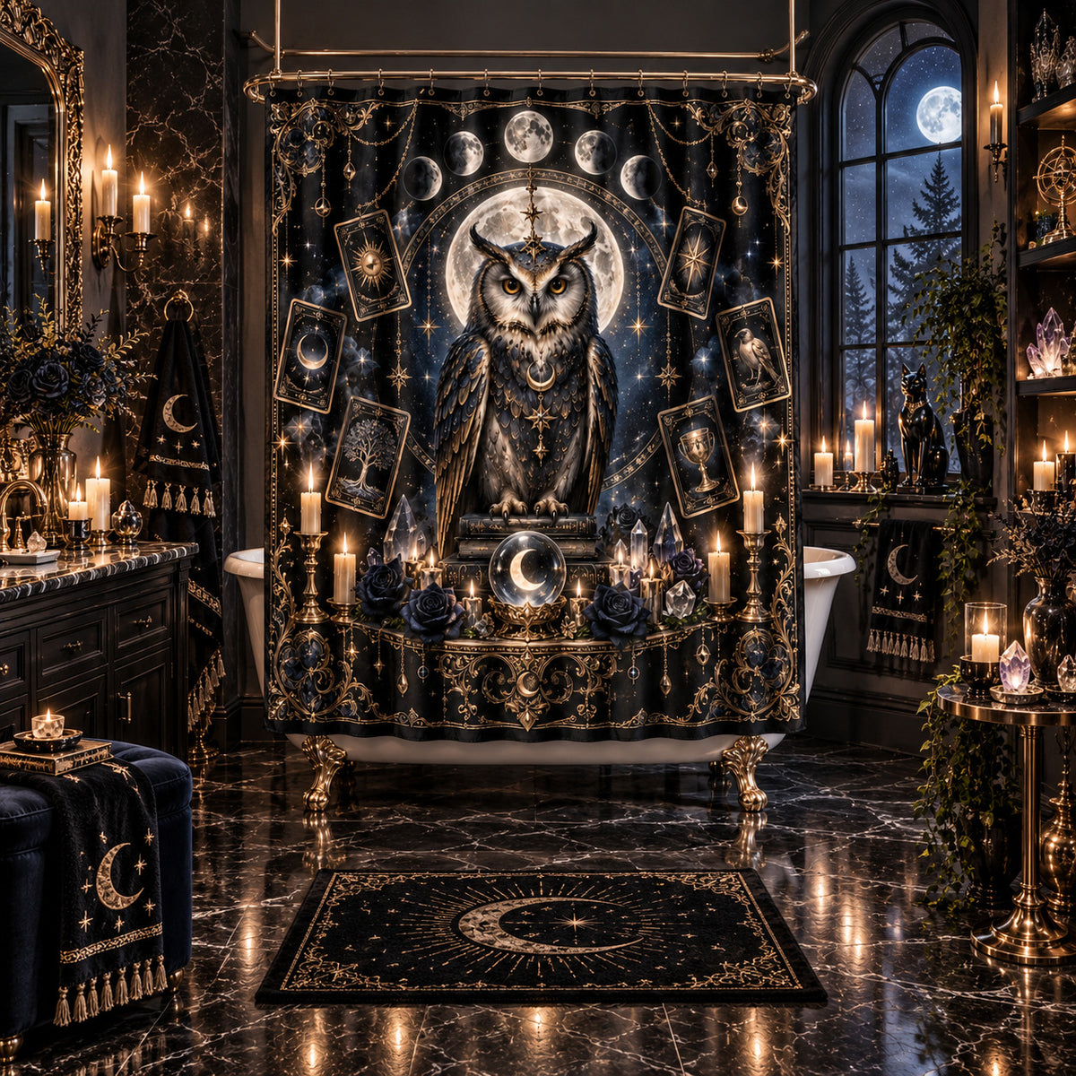 Owl Tarot Shower Curtain - Celestial Moon Witchy Decor, styled shot 5
