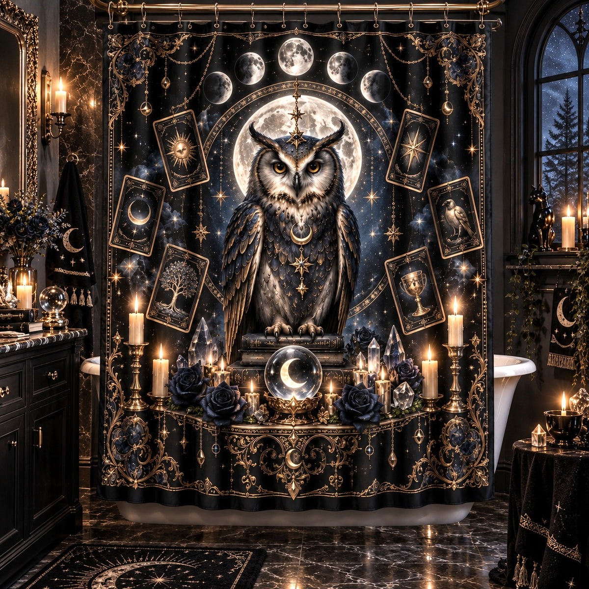 Owl Tarot Shower Curtain - Celestial Moon Witchy Decor