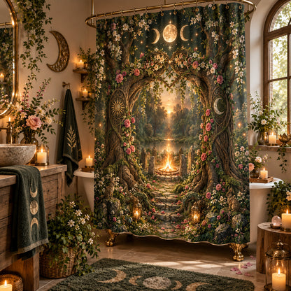 Pagan Shower Curtain - Beltane Sacred Grove Moon Arch Decor, styled shot 2