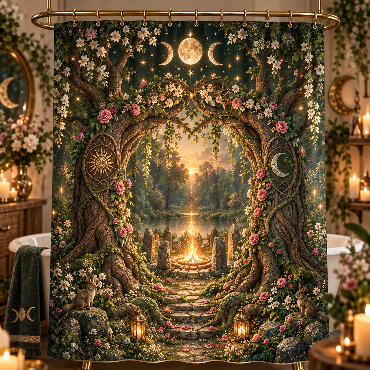Pagan Shower Curtain - Beltane Sacred Grove Moon Arch Decor, styled shot 3