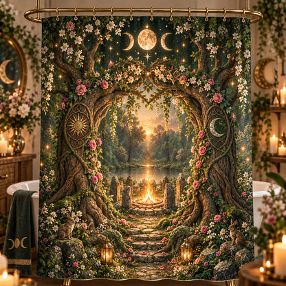 Pagan Shower Curtain - Beltane Sacred Grove Moon Arch Decor, styled shot 3