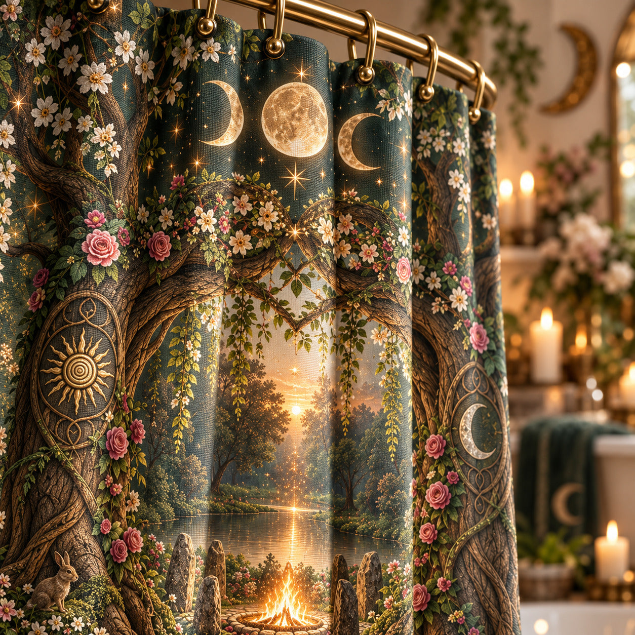 Pagan Shower Curtain - Beltane Sacred Grove Moon Arch Decor, styled shot 4