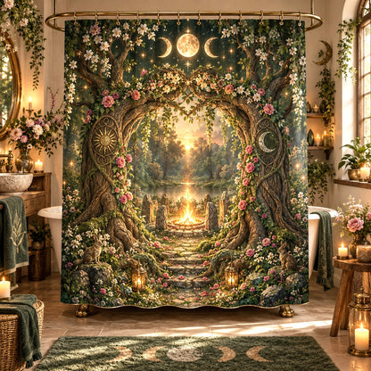 Pagan Shower Curtain - Beltane Sacred Grove Moon Arch Decor