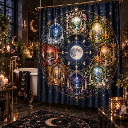 Pagan Shower Curtain - Wheel of the Year Moon Mandala Decor, styled shot 2
