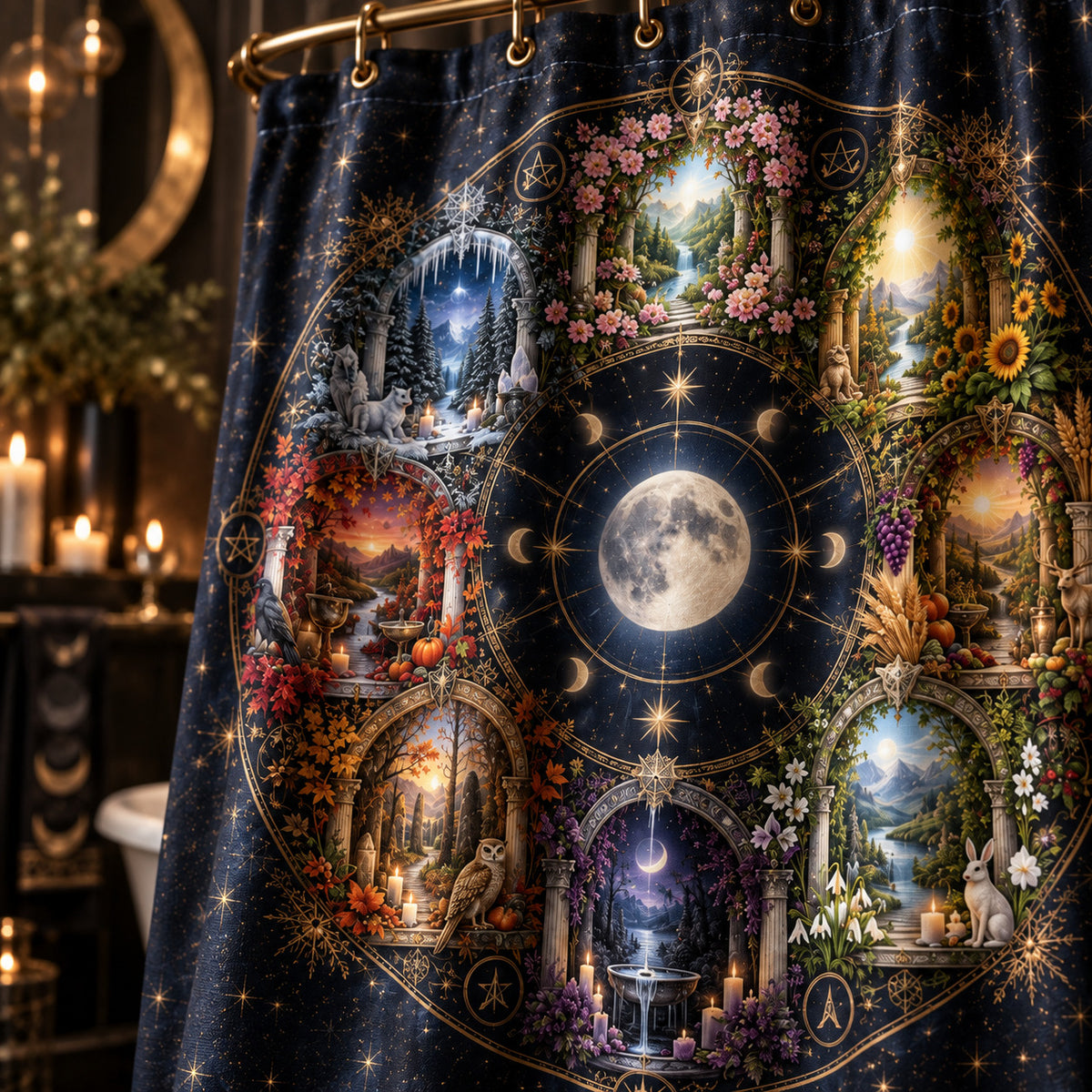 Pagan Shower Curtain - Wheel of the Year Moon Mandala Decor, styled shot 4