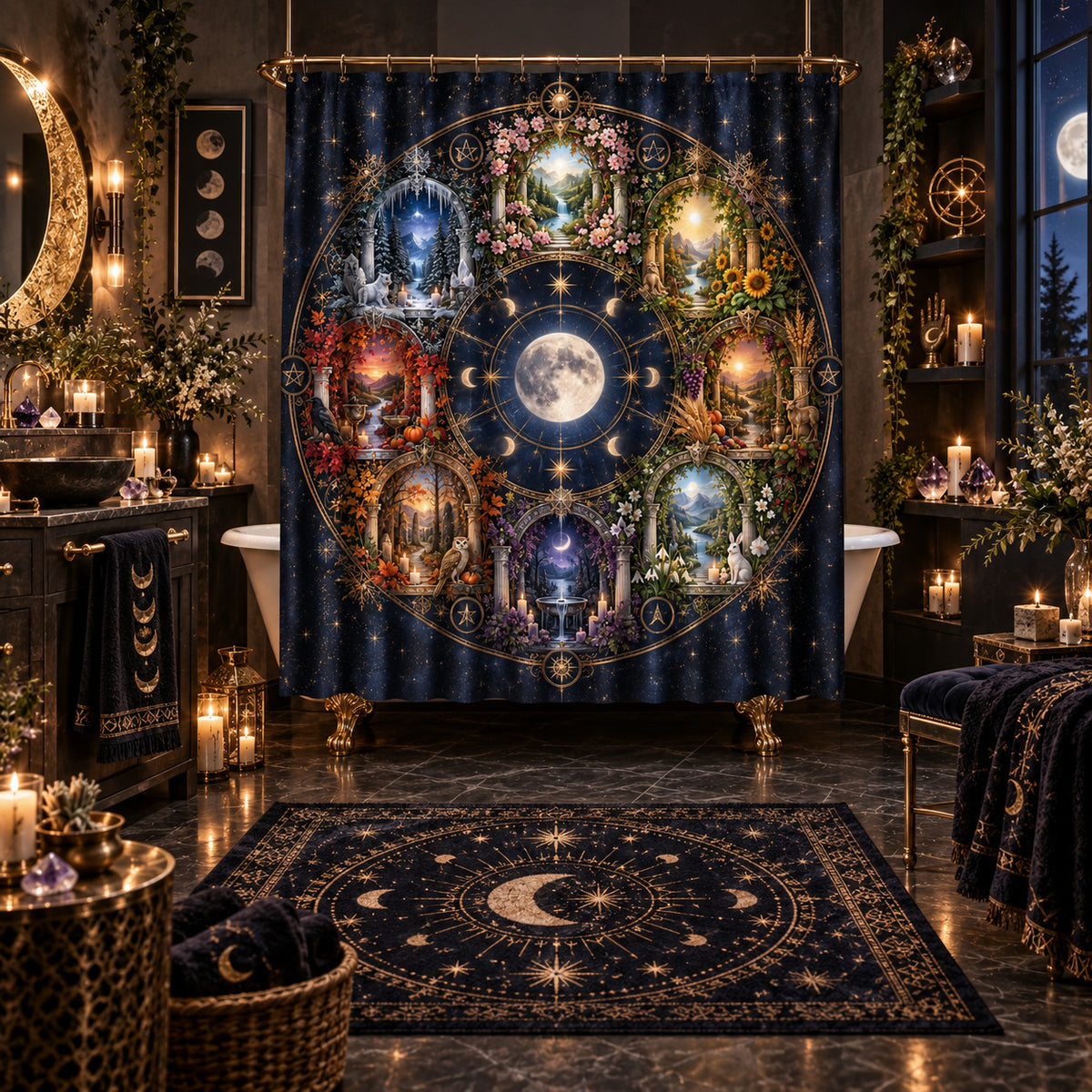 Pagan Shower Curtain - Wheel of the Year Moon Mandala Decor, styled shot 5
