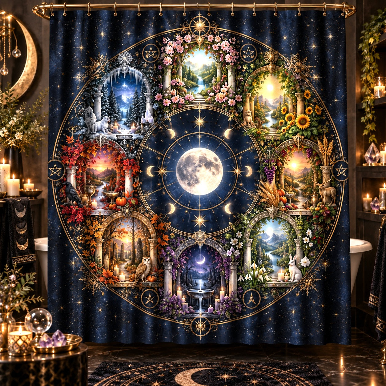 Pagan Shower Curtain - Wheel of the Year Moon Mandala Decor