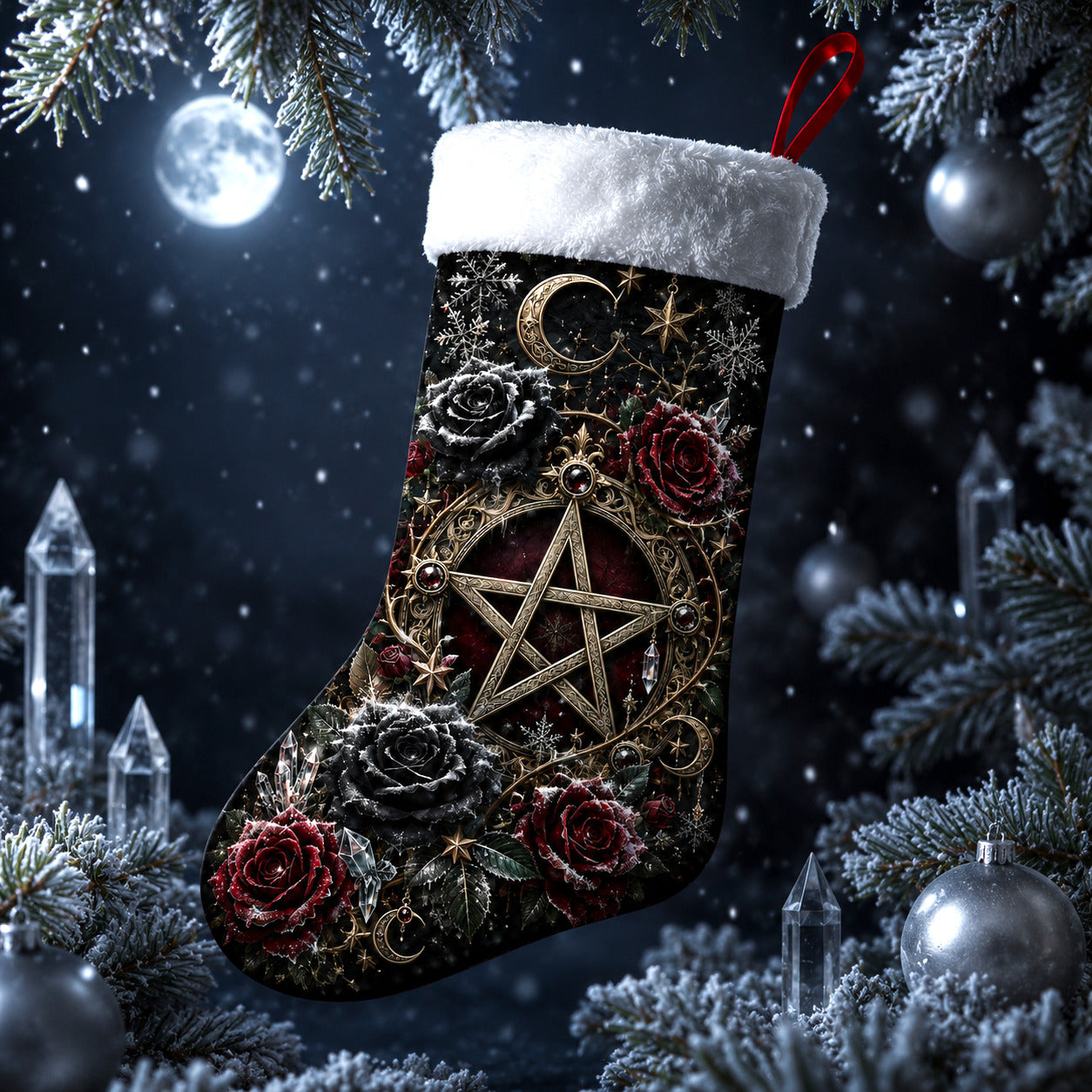 Pentacle And Roses Christmas Stocking Gothic Wiccan Altar Decor, styled shot 2